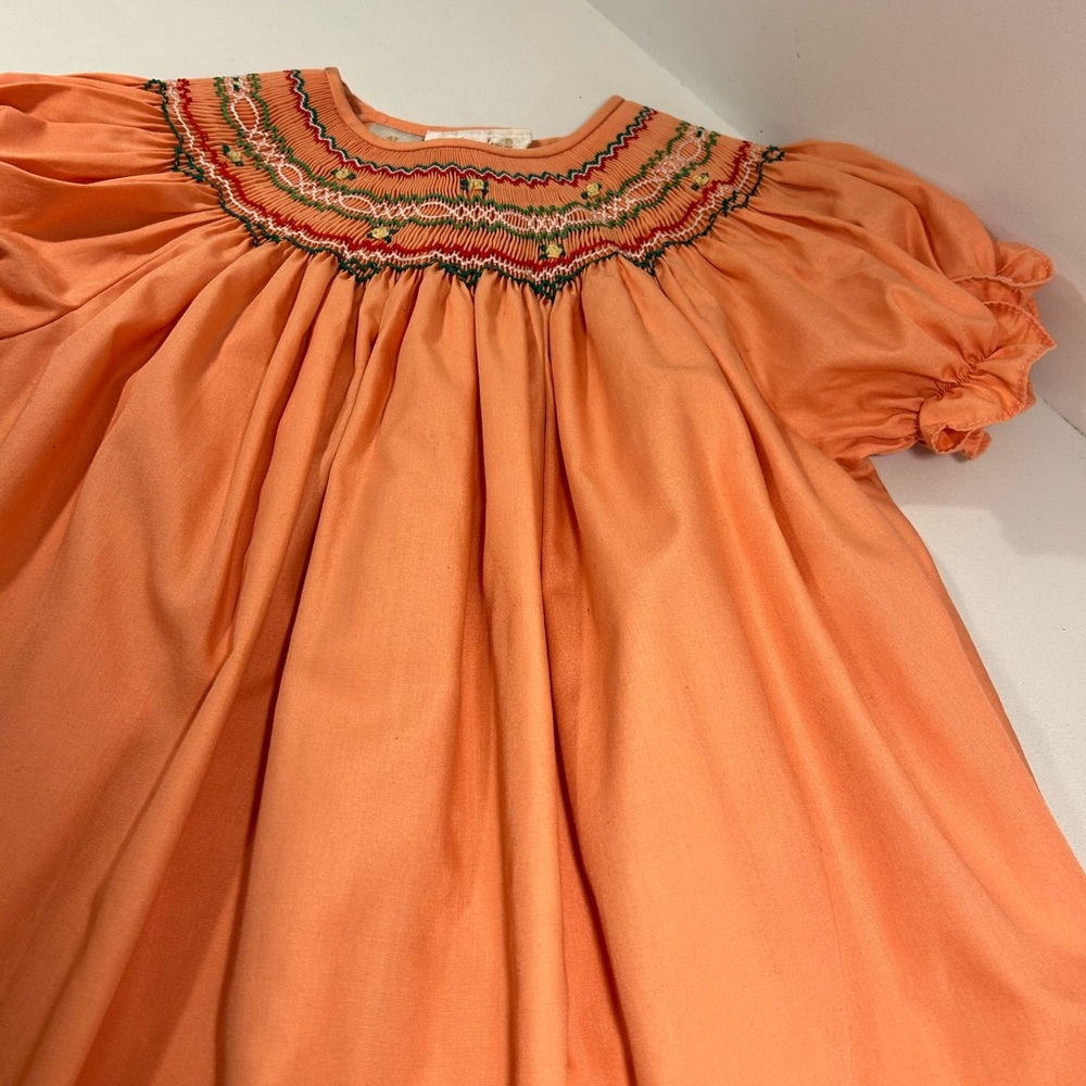 Vintage Rosalina Girls Smocked Dress Peach 4T Hand Embroidered Puff Sleeve